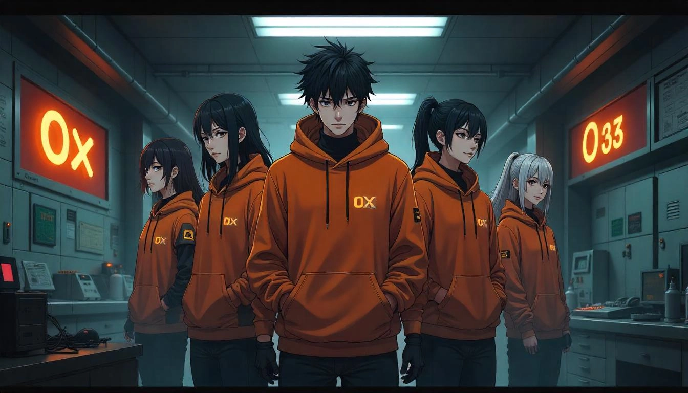 Anime-style image of a team of five leaders in orange 0x hoodies in a high-tech server room, representing agile leadership.