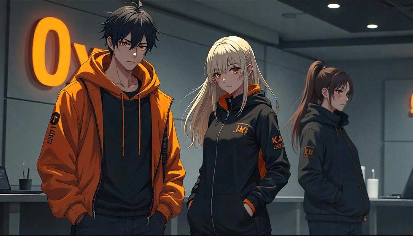 Anime-style image of three team members in an office with a 0x logo, representing big room planning.