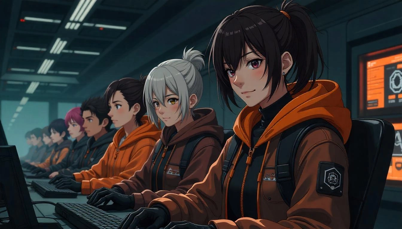 Anime-style image of a team working on computers in a high-tech environment, representing scaling remote teams.