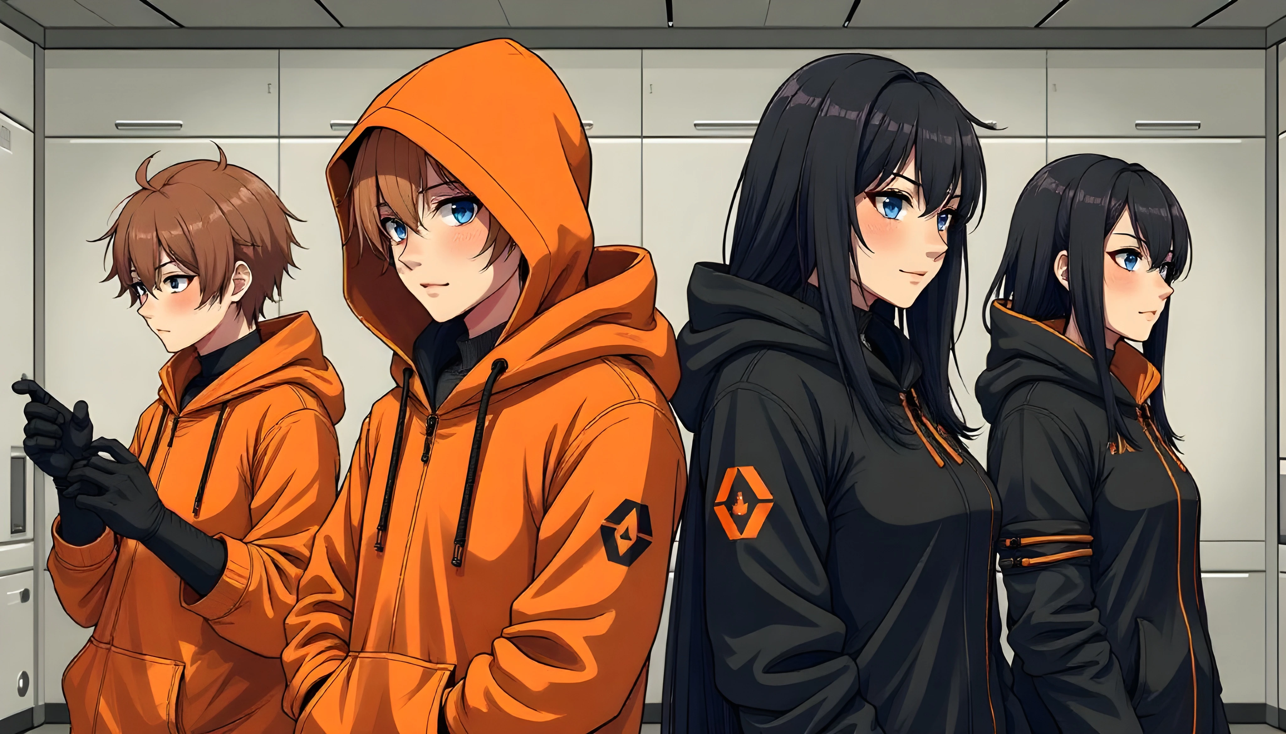 Background image of anime characters in orange and black hoodies